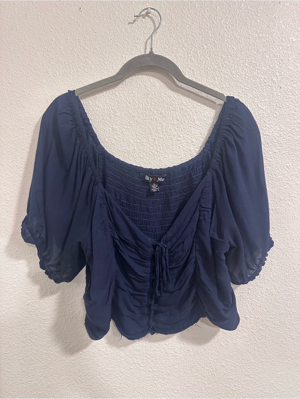 Navy Peasant Puff-Sleeve Blouse